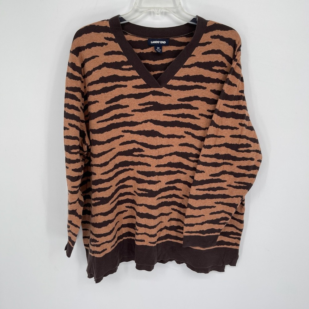 Lands' End Women's Brown Tiger Stripe V-Neck Cotton Pullover Sweater Size 2X